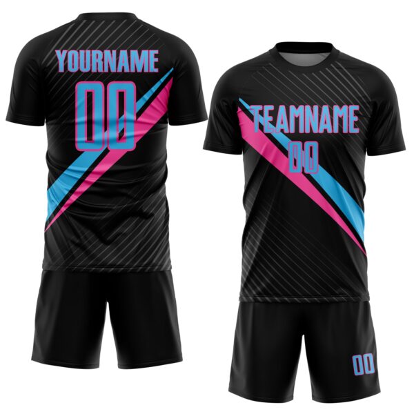 Custom Black Sky Blue-Pink Diagonal Stripes Sports Sublimation Soccer Uniform Jersey