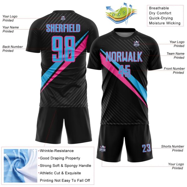Custom Black Sky Blue-Pink Diagonal Stripes Sports Sublimation Soccer Uniform Jersey