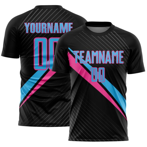 Custom Black Sky Blue-Pink Diagonal Stripes Sports Sublimation Soccer Uniform Jersey