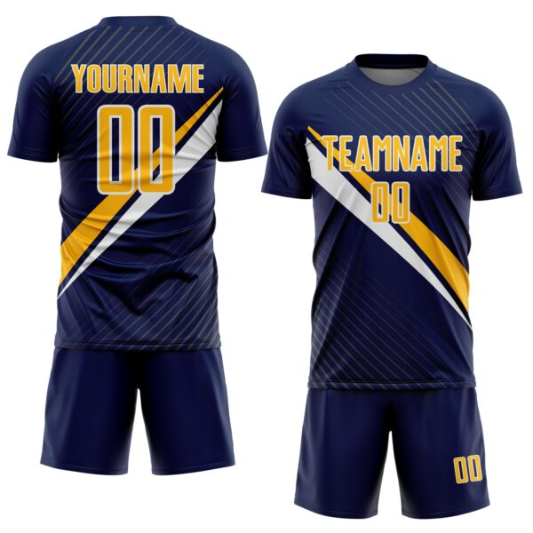 Custom Navy Gold-White Diagonal Stripes Sports Sublimation Soccer Uniform Jersey