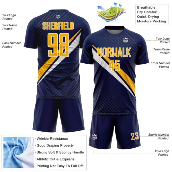 Custom Navy Gold-White Diagonal Stripes Sports Sublimation Soccer Uniform Jersey