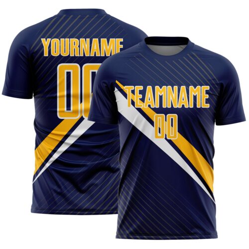 Custom Navy Gold-White Diagonal Stripes Sports Sublimation Soccer Uniform Jersey