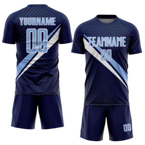 Custom Navy Light Blue-White Diagonal Stripes Sports Sublimation Soccer Uniform Jersey