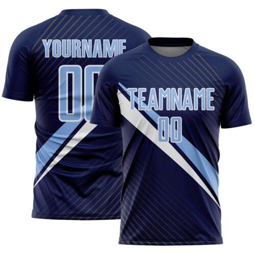 Custom Navy Light Blue-White Diagonal Stripes Sports Sublimation Soccer Uniform Jersey