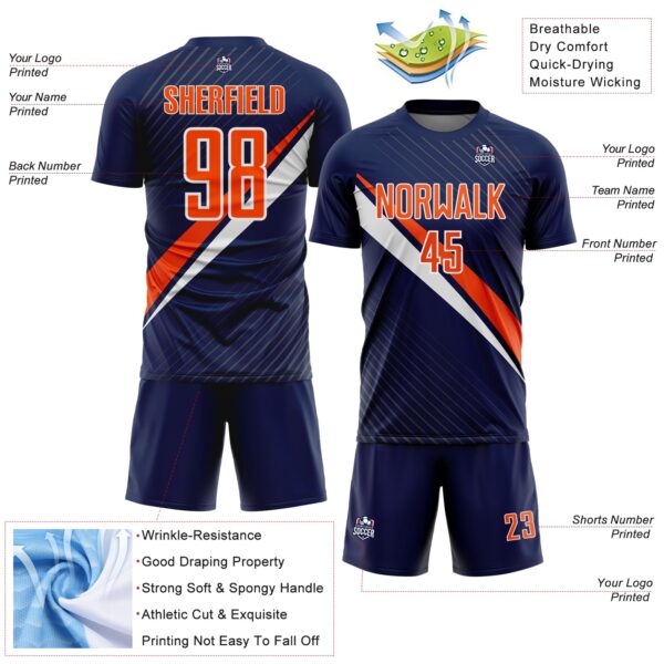 Custom Navy Orange-White Diagonal Stripes Sports Sublimation Soccer Uniform Jersey