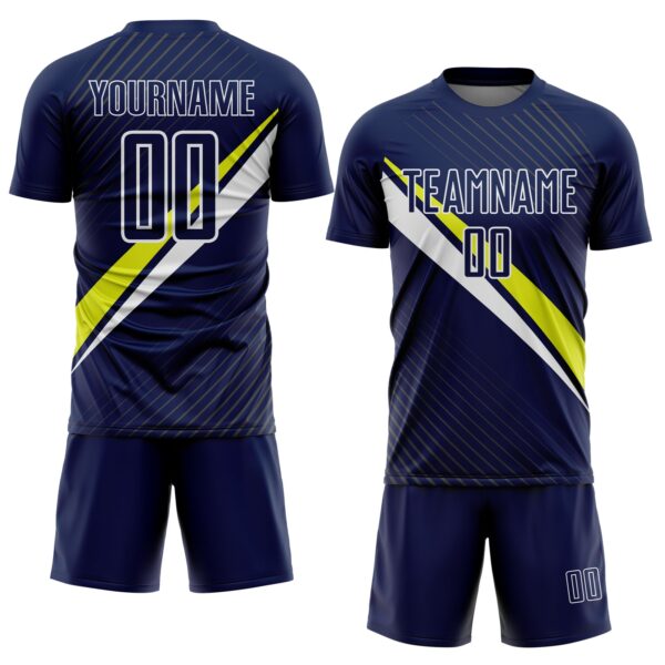Custom Navy White-Neon Yellow Diagonal Stripes Sports Sublimation Soccer Uniform Jersey