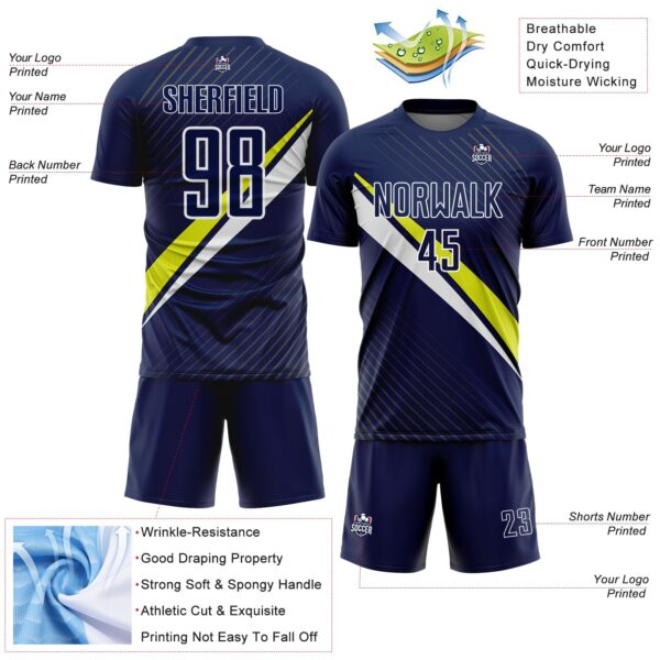 Custom Navy White-Neon Yellow Diagonal Stripes Sports Sublimation Soccer Uniform Jersey
