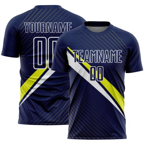 Custom Navy White-Neon Yellow Diagonal Stripes Sports Sublimation Soccer Uniform Jersey