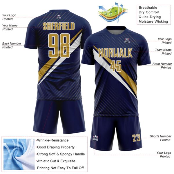Custom Navy Old Gold-White Diagonal Stripes Sports Sublimation Soccer Uniform Jersey