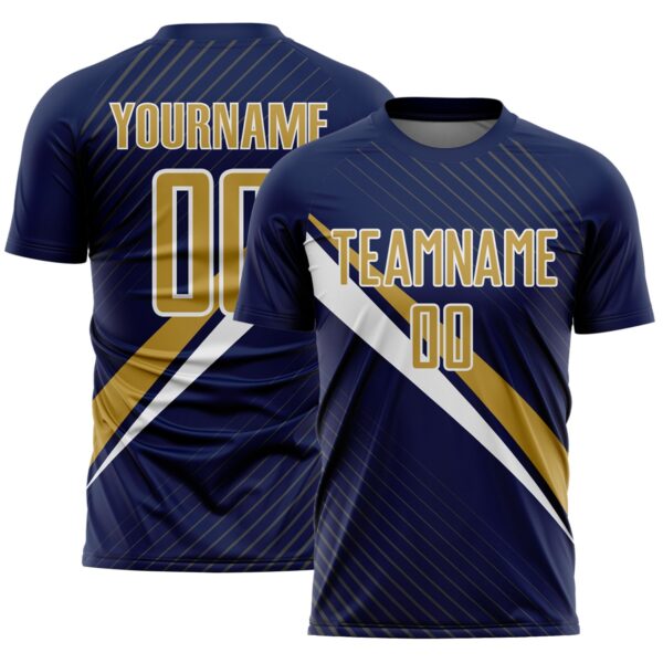 Custom Navy Old Gold-White Diagonal Stripes Sports Sublimation Soccer Uniform Jersey