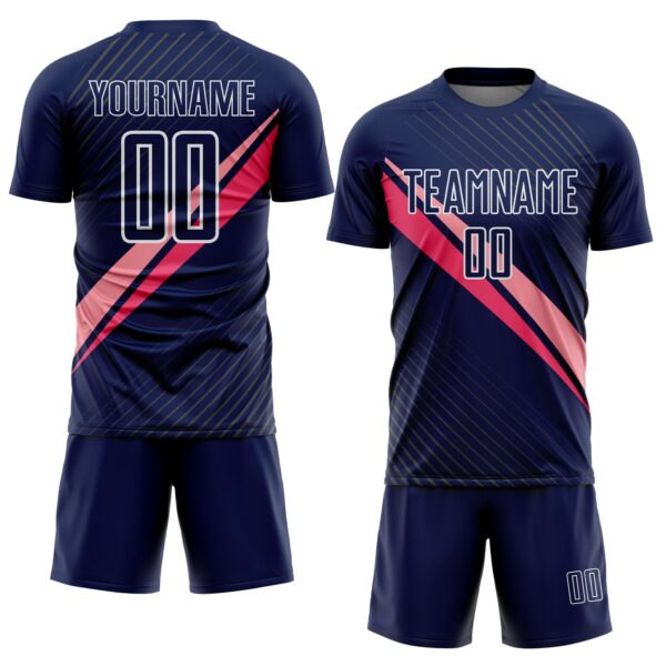 Custom Navy White-Pink Diagonal Stripes Sports Sublimation Soccer Uniform Jersey