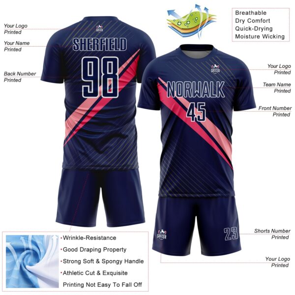 Custom Navy White-Pink Diagonal Stripes Sports Sublimation Soccer Uniform Jersey