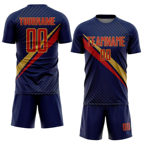 Custom Navy Red-Old Gold Diagonal Stripes Sports Sublimation Soccer Uniform Jersey