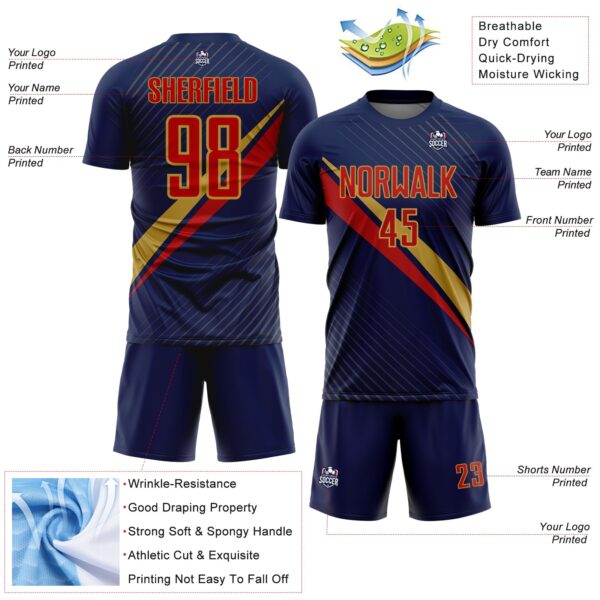 Custom Navy Red-Old Gold Diagonal Stripes Sports Sublimation Soccer Uniform Jersey
