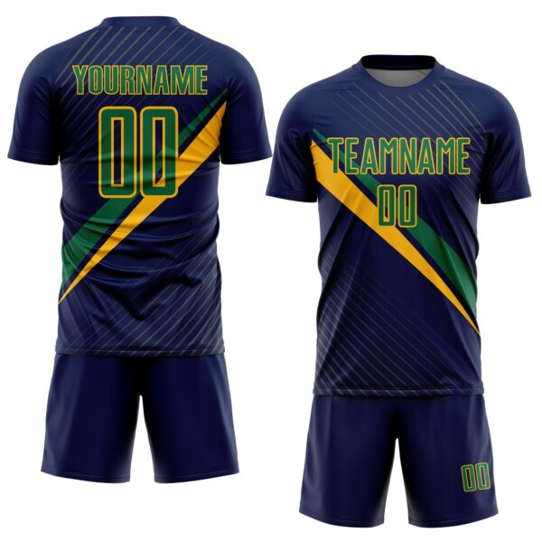 Custom Navy Kelly Green-Gold Diagonal Stripes Sports Sublimation Soccer Uniform Jersey