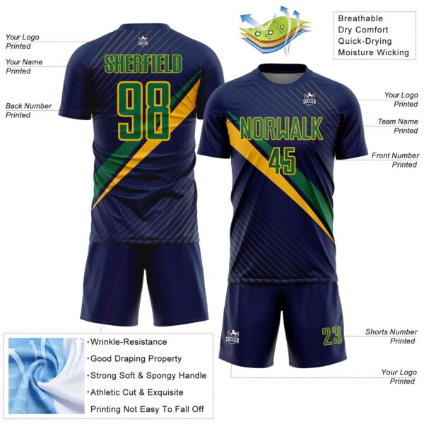 Custom Navy Kelly Green-Gold Diagonal Stripes Sports Sublimation Soccer Uniform Jersey