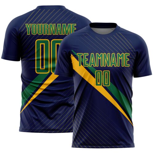 Soccer6951 Custom Navy Kelly Green-Gold Diagonal Stripes Sports Sublimation Soccer Uniform Jersey