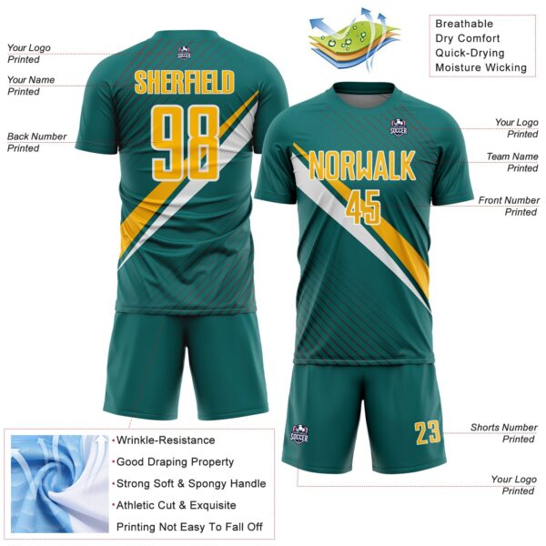 Custom Teal Gold-White Diagonal Stripes Sports Sublimation Soccer Uniform Jersey