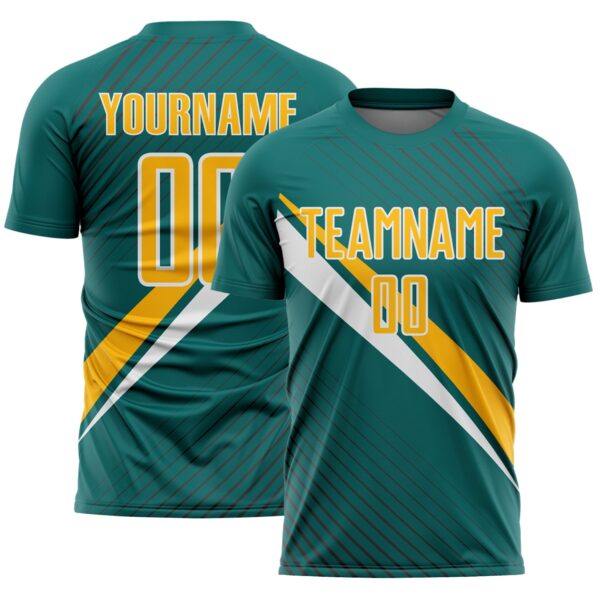 Custom Teal Gold-White Diagonal Stripes Sports Sublimation Soccer Uniform Jersey