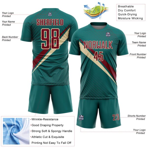 Custom Teal Crimson-Cream Diagonal Stripes Sports Sublimation Soccer Uniform Jersey