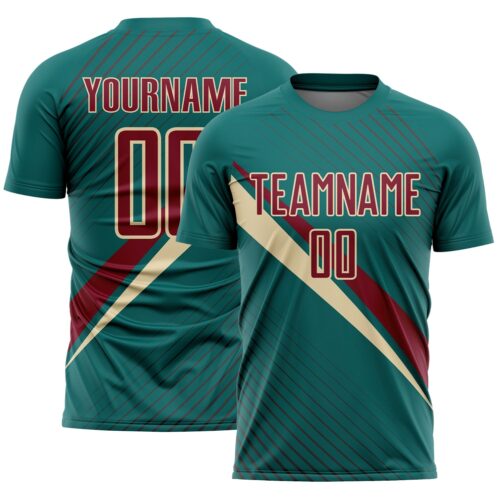 Soccer6953 Custom Teal Crimson-Cream Diagonal Stripes Sports Sublimation Soccer Uniform Jersey