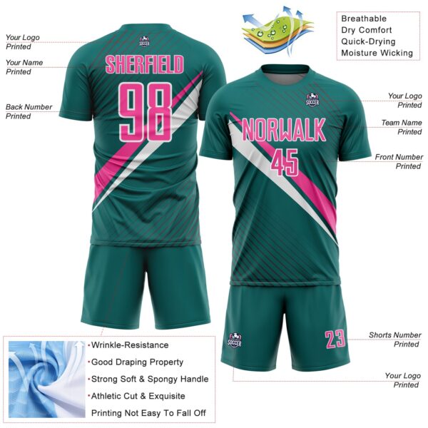 Custom Teal Pink-White Diagonal Stripes Sports Sublimation Soccer Uniform Jersey