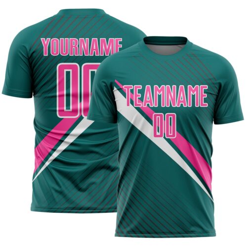 Custom Teal Pink-White Diagonal Stripes Sports Sublimation Soccer Uniform Jersey