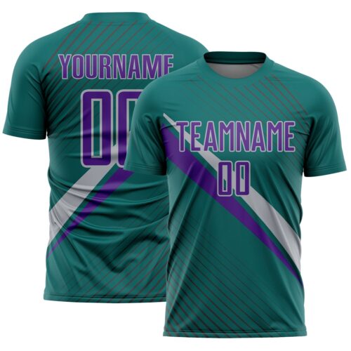 Soccer6955 Custom Teal Purple-Gray Diagonal Stripes Sports Sublimation Soccer Uniform Jersey