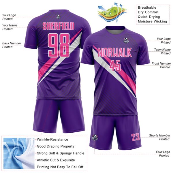 Custom Purple Pink-White Diagonal Stripes Sports Sublimation Soccer Uniform Jersey