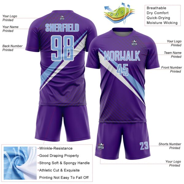 Custom Purple Light Blue-White Diagonal Stripes Sports Sublimation Soccer Uniform Jersey