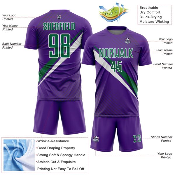 Custom Purple Kelly Green-White Diagonal Stripes Sports Sublimation Soccer Uniform Jersey