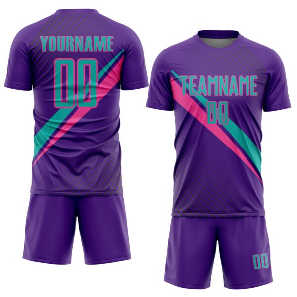 Custom Purple Aqua-Pink Diagonal Stripes Sports Sublimation Soccer Uniform Jersey