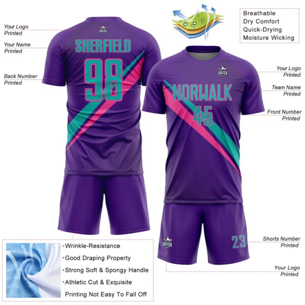 Custom Purple Aqua-Pink Diagonal Stripes Sports Sublimation Soccer Uniform Jersey