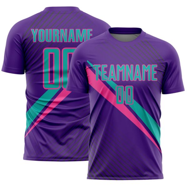 Custom Purple Aqua-Pink Diagonal Stripes Sports Sublimation Soccer Uniform Jersey