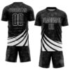 Custom Black White Distressed Diagonal Stripes Wind Shapes Sports Sublimation Soccer Uniform Jersey