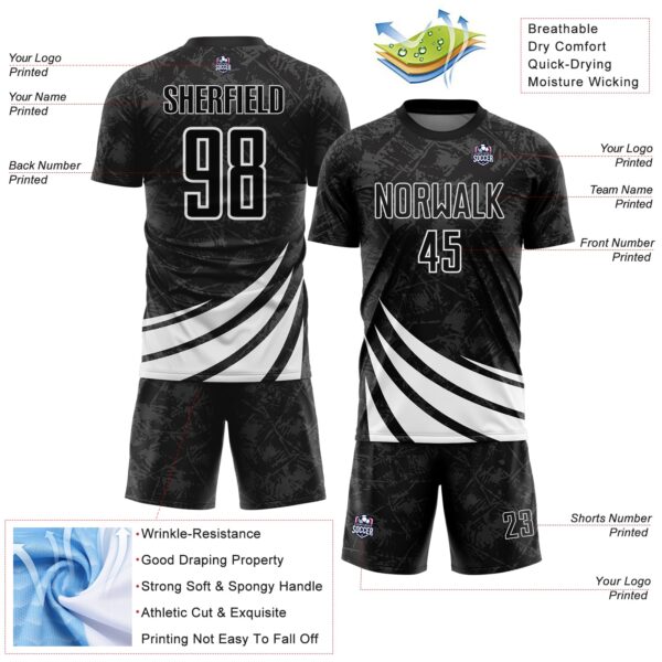 Custom Black White Distressed Diagonal Stripes Wind Shapes Sports Sublimation Soccer Uniform Jersey