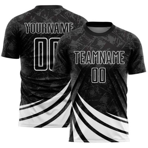 Custom Black White Distressed Diagonal Stripes Wind Shapes Sports Sublimation Soccer Uniform Jersey