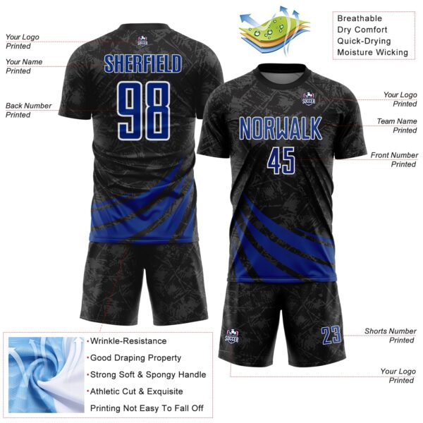 Custom Black Royal-White Distressed Diagonal Stripes Wind Shapes Sports Sublimation Soccer Uniform Jersey