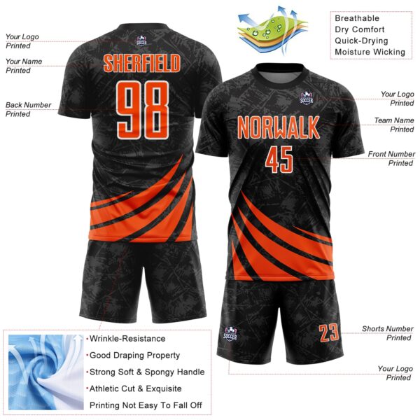 Custom Black Orange-White Distressed Diagonal Stripes Wind Shapes Sports Sublimation Soccer Uniform Jersey