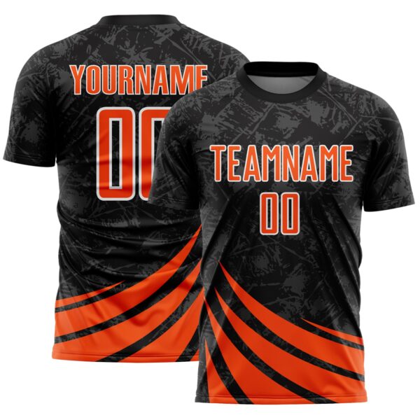 Custom Black Orange-White Distressed Diagonal Stripes Wind Shapes Sports Sublimation Soccer Uniform Jersey