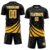 Custom Black Gold-White Distressed Diagonal Stripes Wind Shapes Sports Sublimation Soccer Uniform Jersey