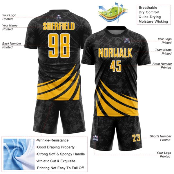 Custom Black Gold-White Distressed Diagonal Stripes Wind Shapes Sports Sublimation Soccer Uniform Jersey
