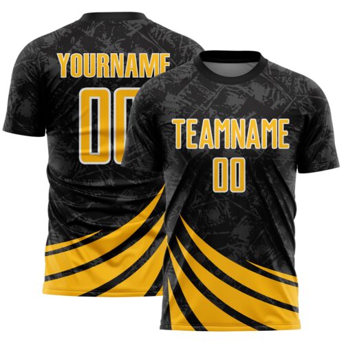 Custom Black Gold-White Distressed Diagonal Stripes Wind Shapes Sports Sublimation Soccer Uniform Jersey