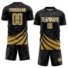 Custom Black Old Gold-White Distressed Diagonal Stripes Wind Shapes Sports Sublimation Soccer Uniform Jersey