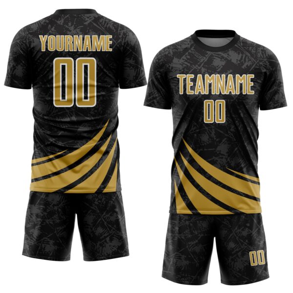Custom Black Old Gold-White Distressed Diagonal Stripes Wind Shapes Sports Sublimation Soccer Uniform Jersey