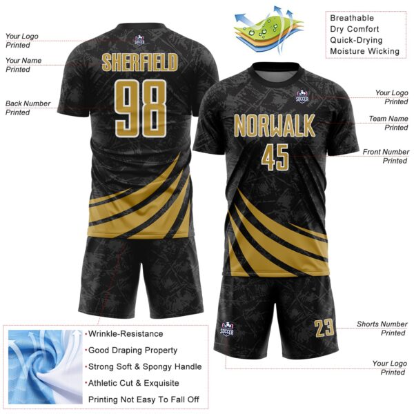 Custom Black Old Gold-White Distressed Diagonal Stripes Wind Shapes Sports Sublimation Soccer Uniform Jersey