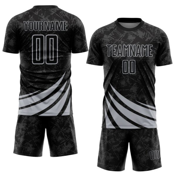 Custom Black Gray Distressed Diagonal Stripes Wind Shapes Sports Sublimation Soccer Uniform Jersey