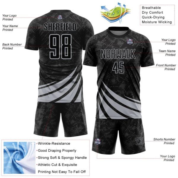 Custom Black Gray Distressed Diagonal Stripes Wind Shapes Sports Sublimation Soccer Uniform Jersey
