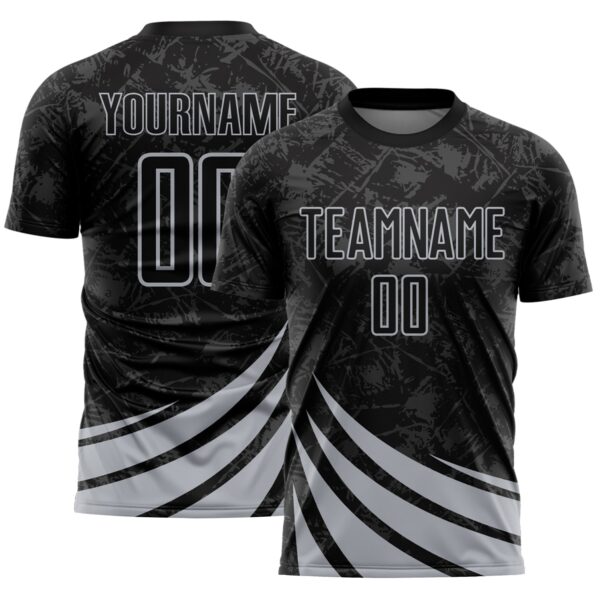 Custom Black Gray Distressed Diagonal Stripes Wind Shapes Sports Sublimation Soccer Uniform Jersey