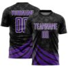 Custom Black Purple-White Distressed Diagonal Stripes Wind Shapes Sports Sublimation Soccer Uniform Jersey